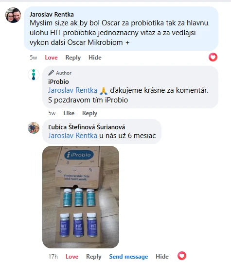 Komentár na Facebooku, Jaroslav Rentka: „Myslim si,ze ak by bol Oscar za probiotika tak za hlavnu ulohu HIT probiotika jednoznacny vitaz a za vedlajsi vykon dalsi Oscar Mikrobiom +“