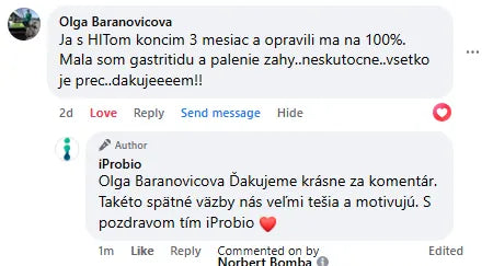 Komentár na Facebooku, Olga Baranovicova: „Ja s HITom koncim 3 mesiac a opravili ma na 100%. Mala som gastritidu a palenie zahy..neskutocne..vsetko je prec..dakujeeeem!!“