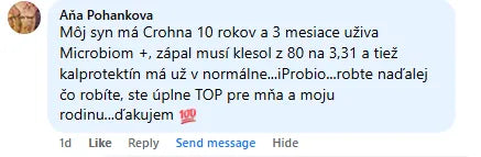 Komentár na Facebooku, Aňa Pohankova: „Môj syn má Crohna 10 rokov a 3 mesiace uživa Microbiom +“