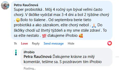 Komentár na Facebooku, Petra Raučinová: „Super probiotiká . Môj 4 ročný syn býval veľmi často chorý.“