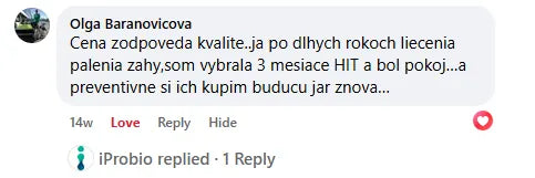Komentár na Facebooku, Olga Baranovicova: „Cena zodpoveda kvalite..ja po dlhych rokoch liecenia palenia zahy,som vybrala 3 mesiace HIT a bol pokoj...“