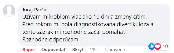 Komentár na Facebooku, Juraj Paršo: „Užívam mikrobiom viac ako 10 dní a zmeny cítim.“