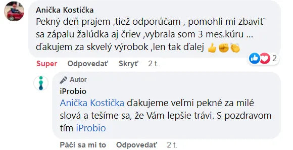 Komentár na Facebooku, Anička Kostička: „tiež odporúčam , pomohli mi zbaviť sa zápalu žalúdka aj čriev ,vybrala som 3 mes.kúru“