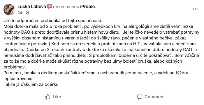 Facebooková recenzia zákazníka iProbio