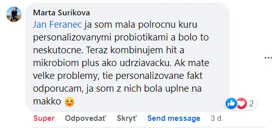 Facebooková recenzia zákazníka iProbio na personalizované probiotiká a HIT na Trávenie+®