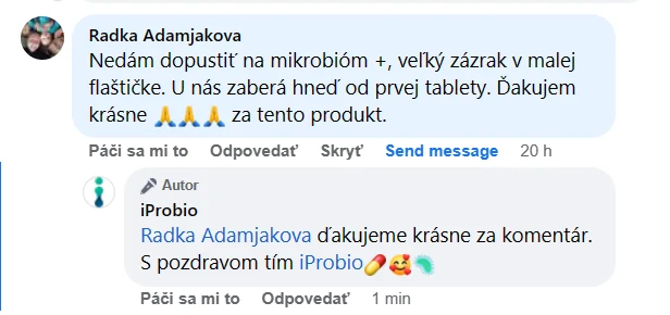 Facebooková recenzia zákazníka iProbio na Mikrobióm+®