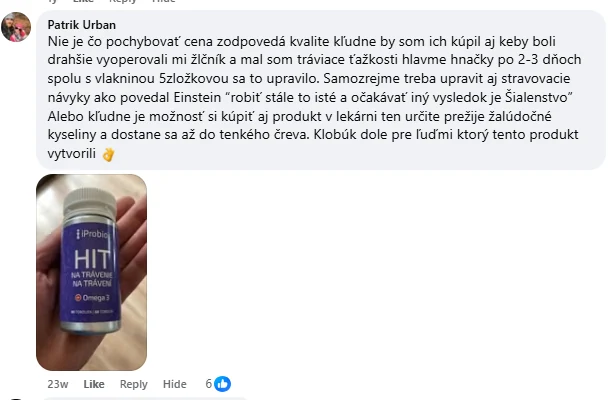 Facebooková recenzia zákazníka iProbio na HIT na Trávenie+®