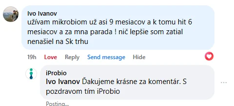 Facebooková recenzia zákazníka iProbio na Mikrobióm+® a HIT na Trávenie+®