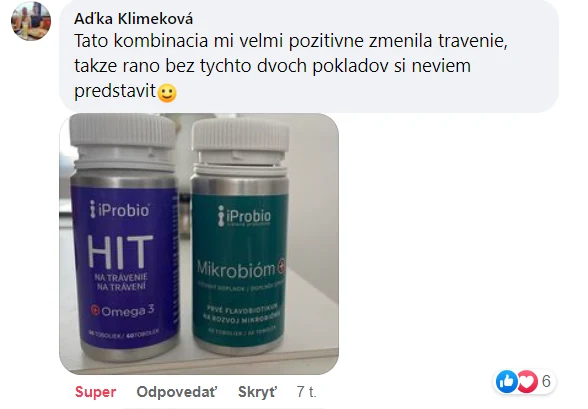 Facebooková recenzia zákazníka iProbio na HIT na Trávenie+® a Mikrobióm+®