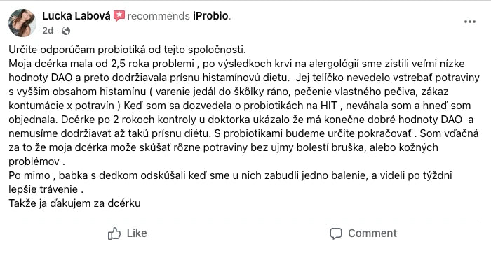 Lucka Labová odporúča iProbio: „Určite odporúčam probiotiká od tejto spoločnosti.“ Dcérka s histamínovou diétou, po 2 rokoch dobré hodnoty DAO.