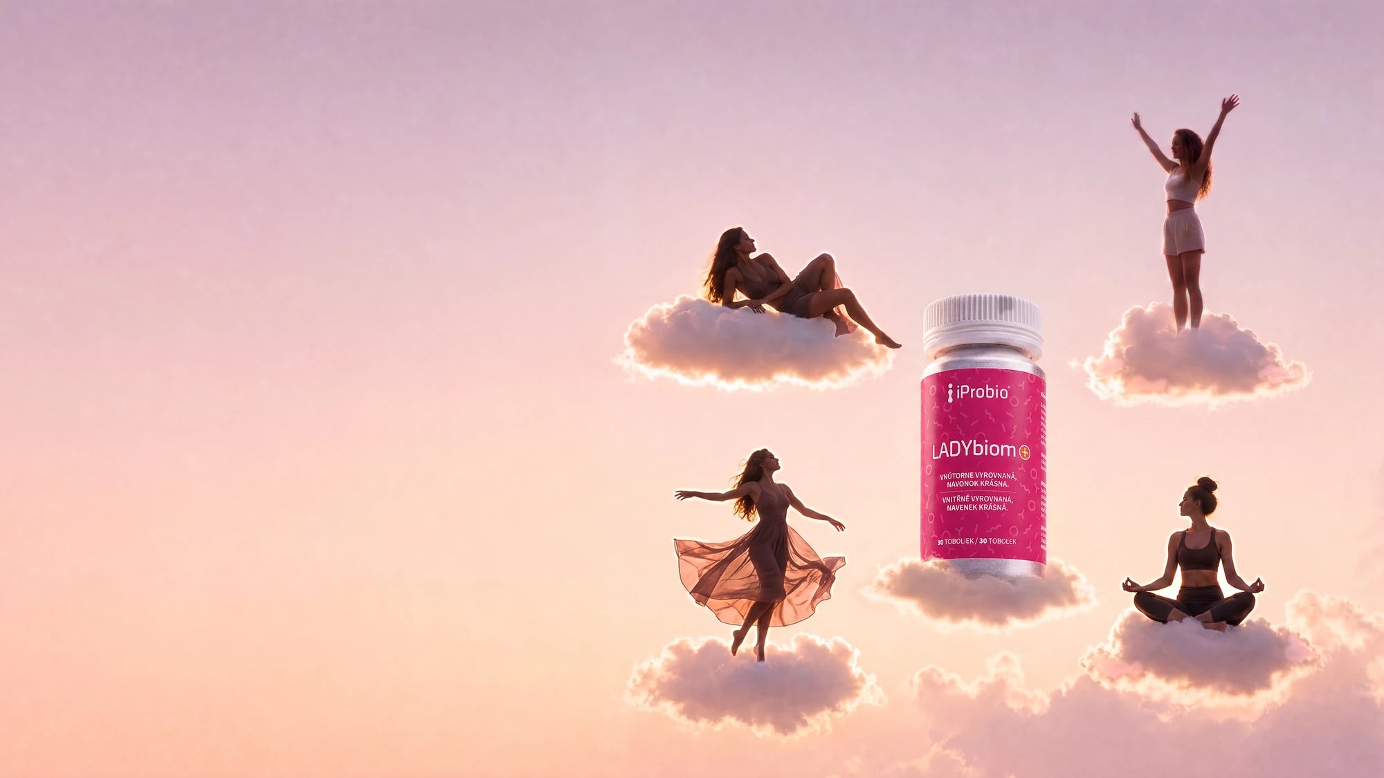LADYbiom+® medzi oblakmi, okolo neho štyri ženy, každá na vlastnom obláčiku